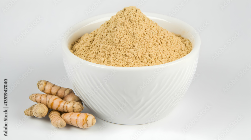 Turmeric powder in bowl with fresh turmeric roots on white background; healthy food ingredient, recipe, cooking Turmeric powder in bowl with fresh turmeric roots on white background; healthy food ingredient, recipe, cooking