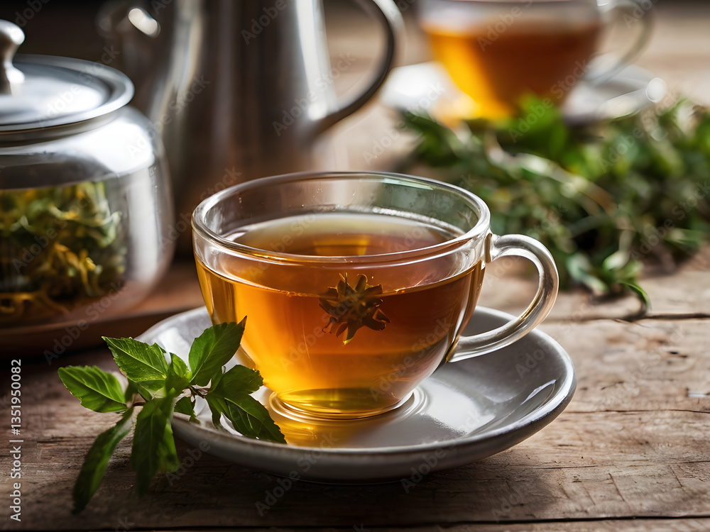 A Moment of Tea: A close-up captures the warmth and aroma of a perfect cup of tea, alongside a sugar bowl, teapot, and fresh herbs on a textured wooden surface. A Moment of Tea: A close-up captures the warmth and aroma of a perfect cup of tea, alongside a sugar bowl, teapot, and fresh herbs on a textured wooden surface.