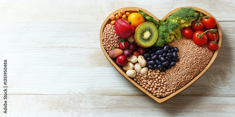 A heart-shaped wooden plate filled with various healthy foods (grains, legumes, fruits, vegetables), resting on a light beige wooden table A heart-shaped wooden plate filled with various healthy foods (grains, legumes, fruits, vegetables), resting on a light beige wooden table
