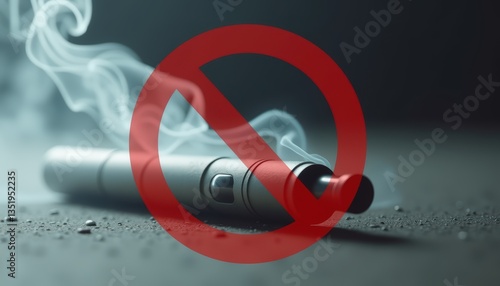 Close-up of gray vape pen crossed out by red prohibition sign, fuming smoke. World No Tobacco Day. Ban flavored vaping products, restriction from smoking electronic cigarettes. Health risk concept
