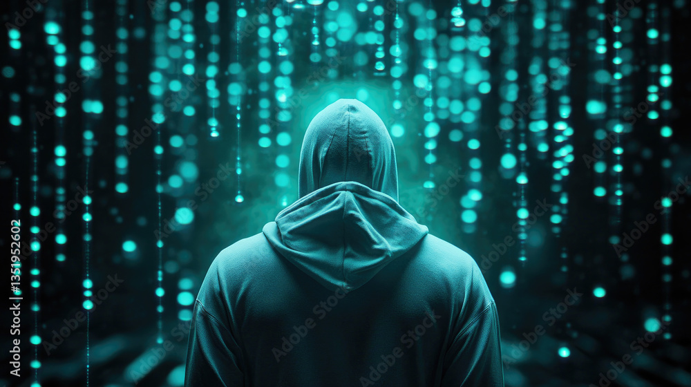 Fading man in a hoodie navigates the glowing abstract matrix of online anonymity in a cyberworld digital art virtual environment symbolic perspective Fading man in a hoodie navigates the glowing abstract matrix of online anonymity in a cyberworld digital art virtual environment symbolic perspective