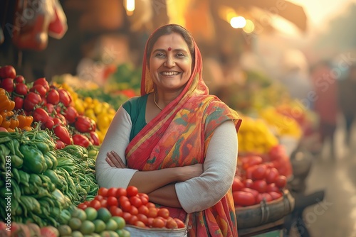 Fototapeta Naklejka Na Ścianę i Meble -  A smiling Indian woman stands confidently in a vibrant market, surrounded by fresh vegetables and fruits