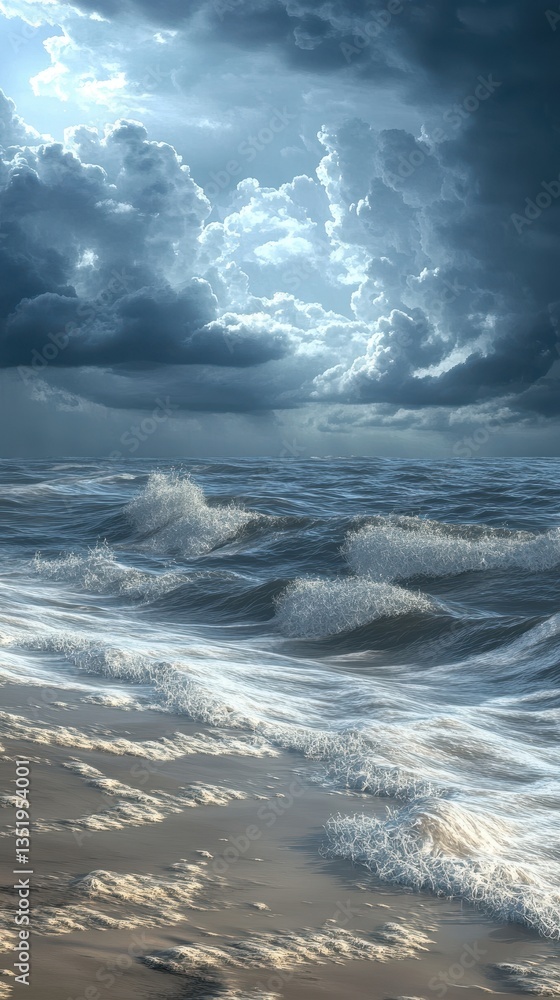 Obraz premium Cloudy Sky And Rough Seas Over A Sandy Shoreline