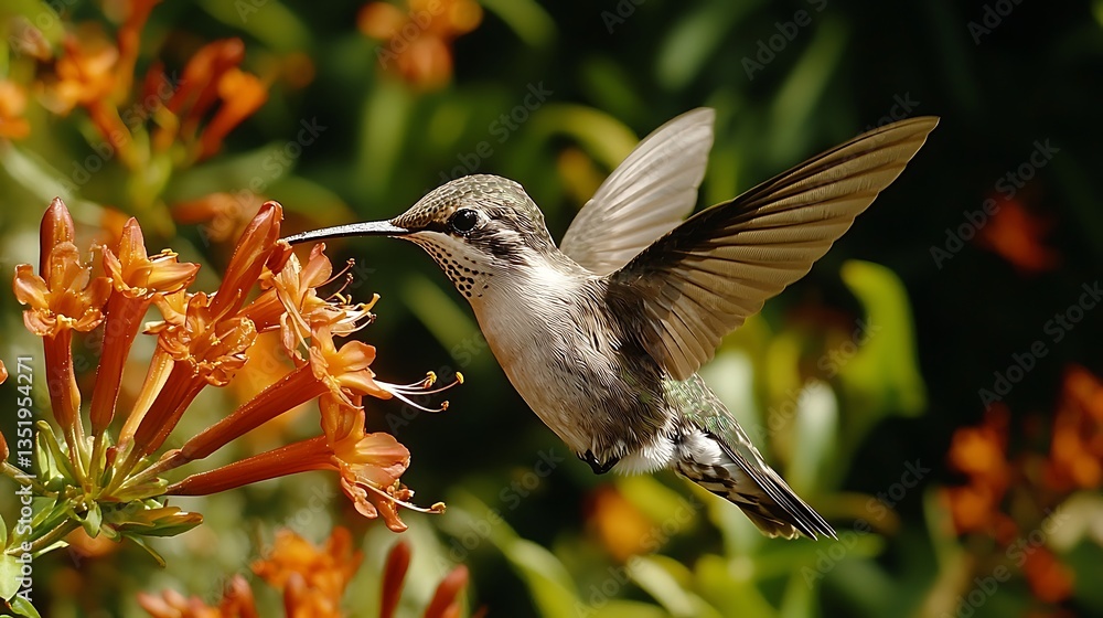 Fototapeta premium Hummingbird in flight feeding on orange flowers.