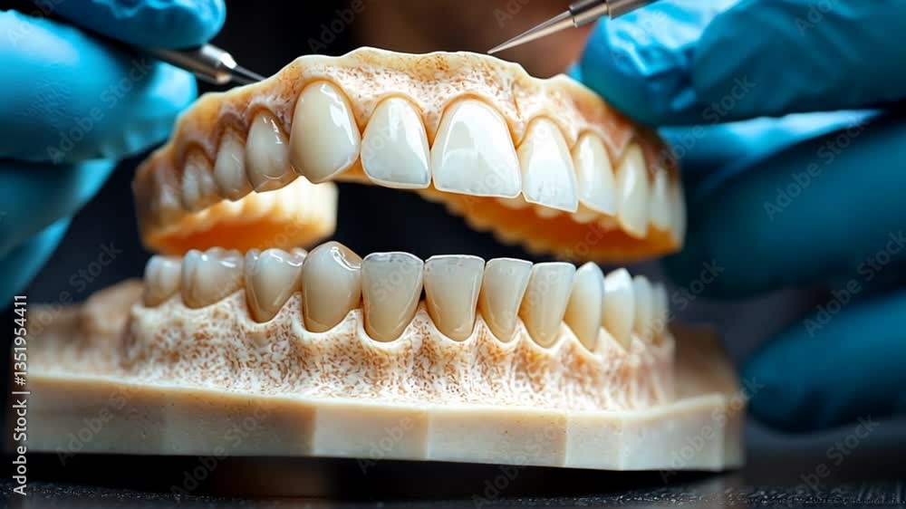 Dentist examining dental model; teeth preparation; close-up