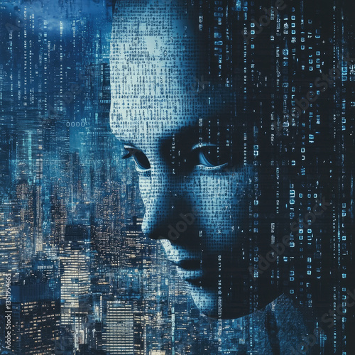 Person wearing a mask blending into a cityscape of binary code urban environment digital privacy and hidden identity concept