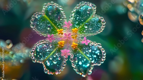 Wallpaper Mural Clover with Water Droplets and Tiny Flowers Blooming in Center Torontodigital.ca