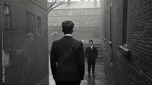 Two men in a narrow alleyway, British style, in a city background, Possible use historical documentary