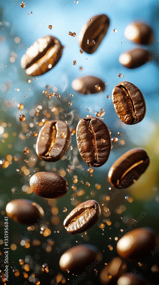 Floating Coffee Beans Surrounded by Sparkling Light and Depth Floating Coffee Beans Surrounded by Sparkling Light and Depth