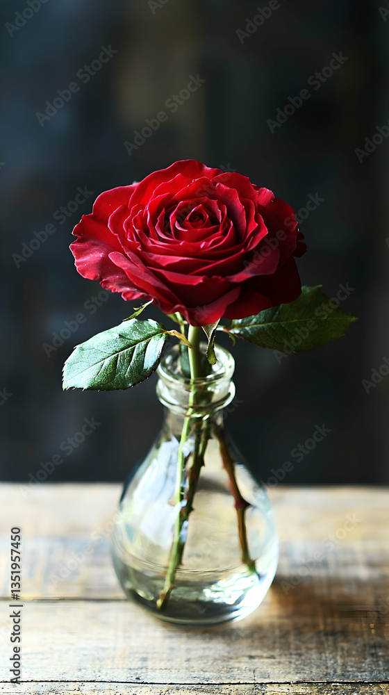 Fototapeta premium Single red rose in glass vase on wooden table, dark background; romantic, Valentine's Day, greeting card