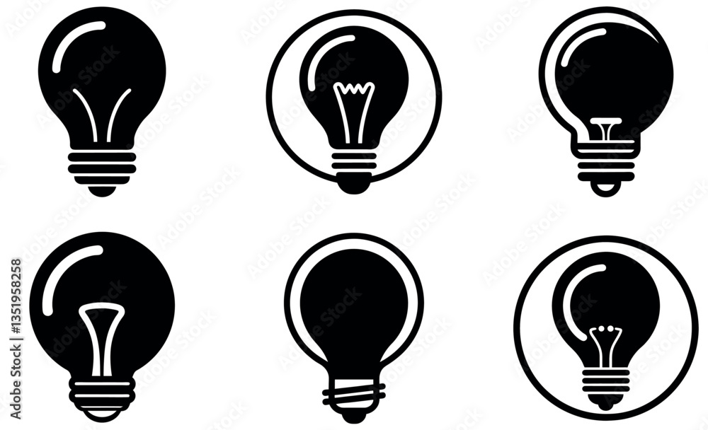 This set of six simple, black and white lightbulb icons is perfect for use in websites, presentations, or any design project needing to convey ideas, innovation, or inspiration. This set of six simple, black and white lightbulb icons is perfect for use in websites, presentations, or any design project needing to convey ideas, innovation, or inspiration.