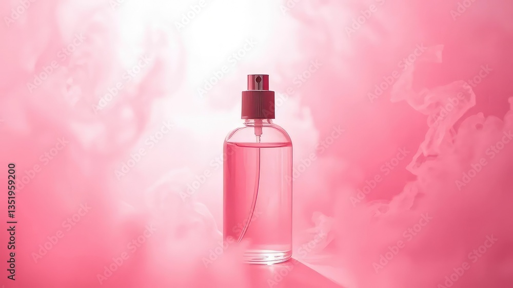 delicate pink light shines through mist surrounding soft pink fragrance bottle, bottle, gentle delicate pink light shines through mist surrounding soft pink fragrance bottle, bottle, gentle