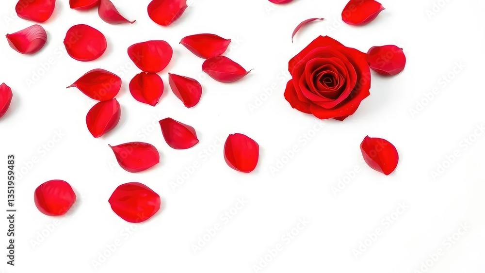 Delicate red rose petals scattered on a pristine white background, texture, isolated, single flower Delicate red rose petals scattered on a pristine white background, texture, isolated, single flower