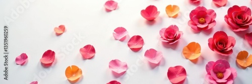 Wallpaper Mural Colorful paper rose petals scattered on a white background, abstract, colorful Torontodigital.ca