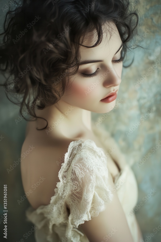 Ethereal Beauty: A delicate portrait captures a beautiful woman with her eyes gently closed, her skin luminous, and soft curls framing her face. The image evokes serenity and grace. Ethereal Beauty: A delicate portrait captures a beautiful woman with her eyes gently closed, her skin luminous, and soft curls framing her face. The image evokes serenity and grace.