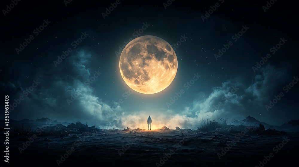 Naklejka premium Solitary figure under a full moon