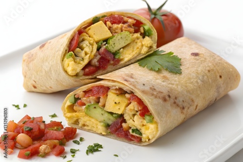 A fresh Mexican meal featuring chicken wrapped in a tortilla, alongside nachos with guacamole and salsa