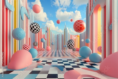 A colorful whimsical artistic rendering with shapes spheres and striped walls