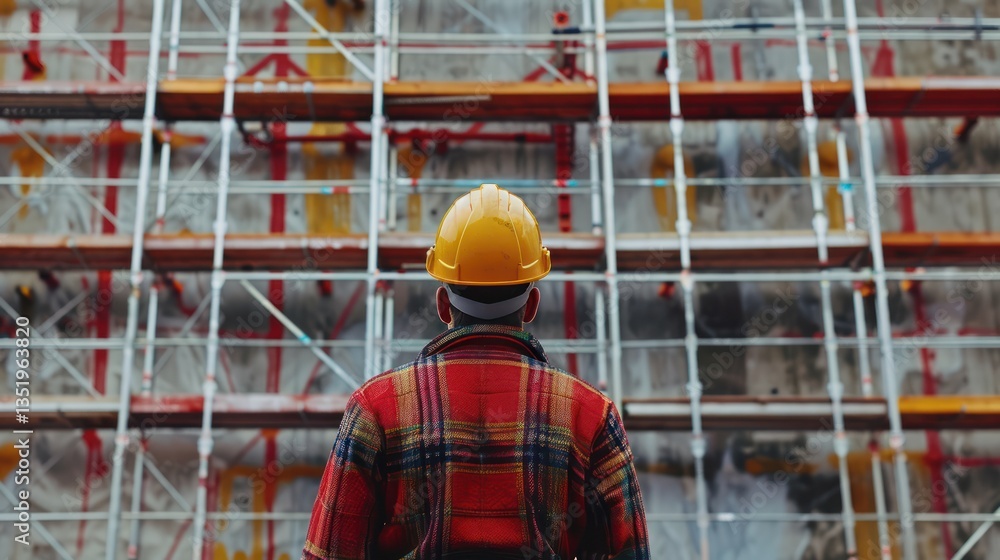 A minimalist composition featuring the back view of an engineer or architect worker against a backdrop of scaffolding and building materials, symbolizing progress and development in construction.