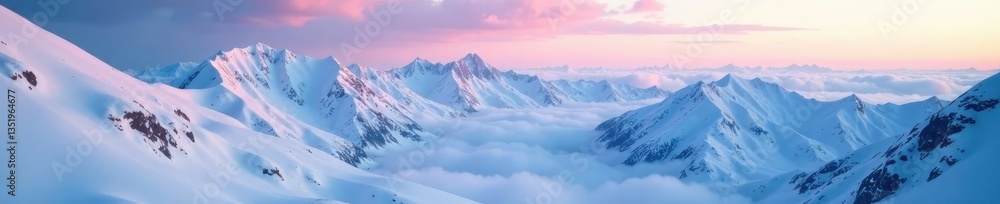 Obraz premium Snow-covered mountains bathed in a soft, ethereal glow, frozen, serene, calm