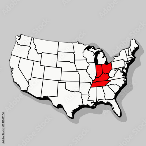 Simple US map illustrating highlighted Midwest region distinctly in red tones. Geographic design concept
