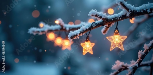 String of fairy lights hanging from a frozen branch, frosty tree, delicate ornaments, sparkly details
