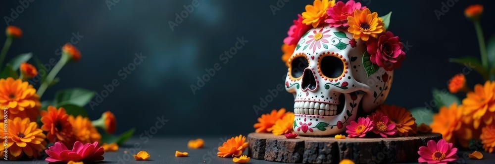 Sugar skull on a pedestal with marigold flowers, flowers, celebratory Sugar skull on a pedestal with marigold flowers, flowers, celebratory
