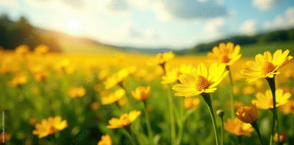 Fototapeta premium Sun-drenched field of bright yellow corn marigold flowers swaying gently in the breeze, landscape, nature, golden