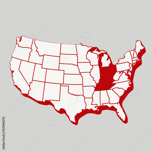United States map outlined in red with specific states highlighted in bold contrast. Geography concept
