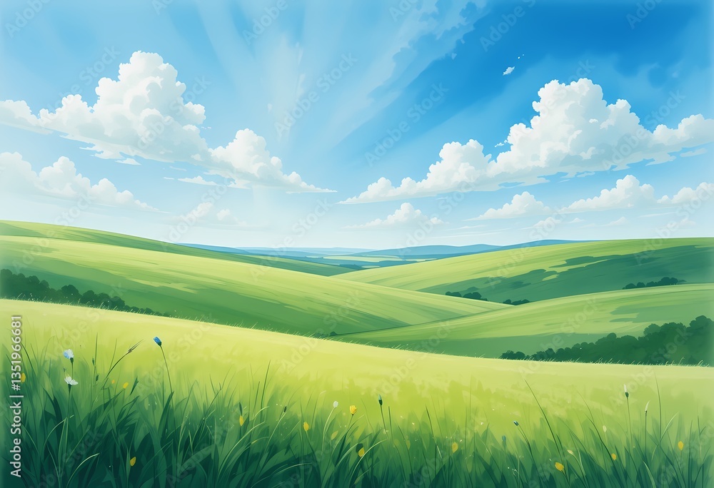 Obraz premium Rolling Green Hills Landscape, Serene summer landscape with rolling green hills and blue sky.