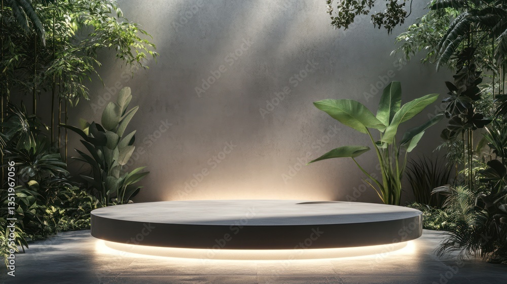Gray circle podium surrounded by tropical plants. Modern product display Gray circle podium surrounded by tropical plants. Modern product display