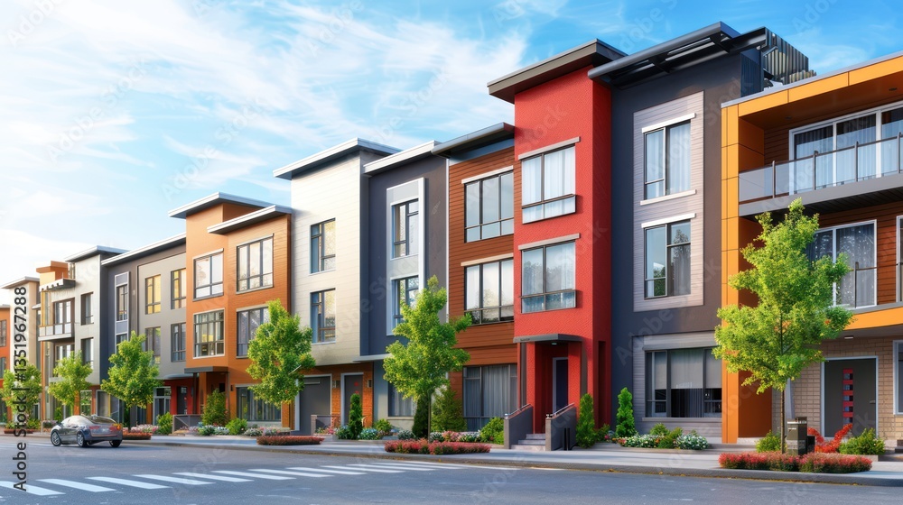 An artistic rendering of a row of modern house residences, with abstract elements and bold colors enhancing the visual impact and contemporary feel. An artistic rendering of a row of modern house residences, with abstract elements and bold colors enhancing the visual impact and contemporary feel.