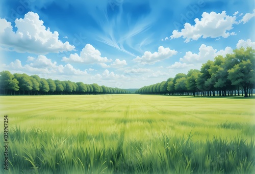 Serene Summer Meadow Landscape, Peaceful green field under a bright blue sky