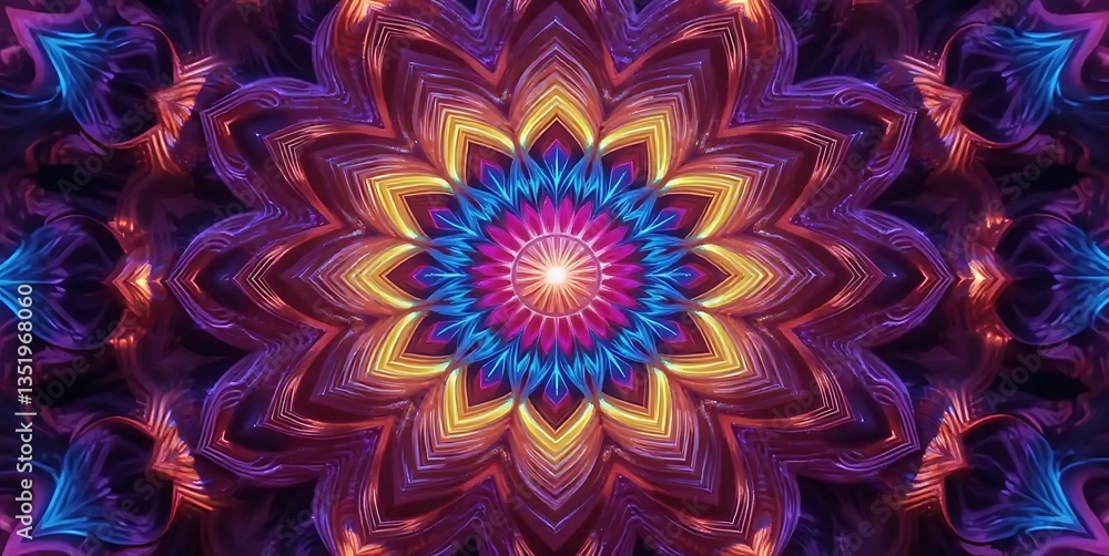 Vibrant luminous flower pattern with kaleidoscope effect for digital design Vibrant luminous flower pattern with kaleidoscope effect for digital design