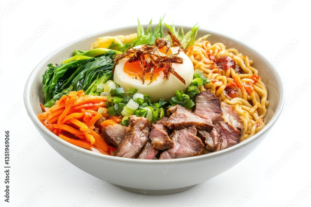Close up shot of a ramen bowl with noodles, meat, egg, and vegetables on a white background