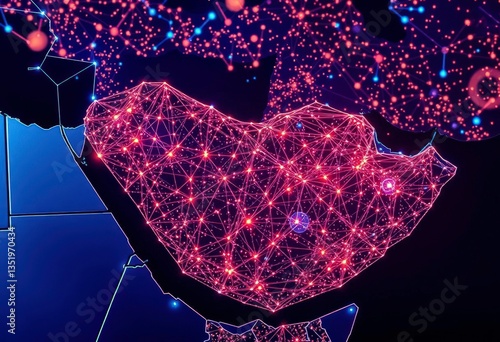 Abstract map of Saudi Arabia, Middle East, and North Africa showing global network connectivity, data transfer, and cyber technology information exchange, data, cloud computing