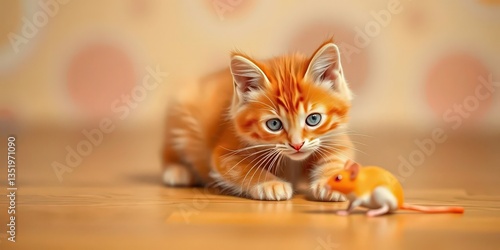 A playful red kitten batting at a bright toy mouse, red fur, action