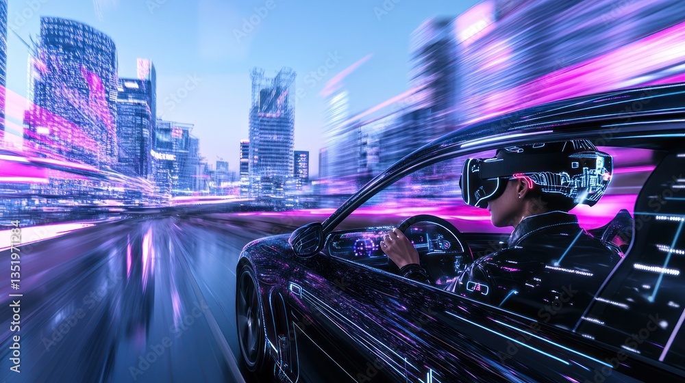 Fototapeta premium Futuristic Cityscape Drive: VR Experience