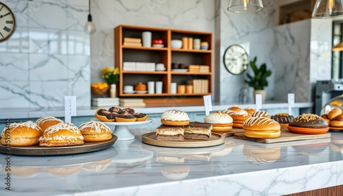 A pristine marble countertop showcases a delightful array of French pastries, artfully arranged,  still life, elegant