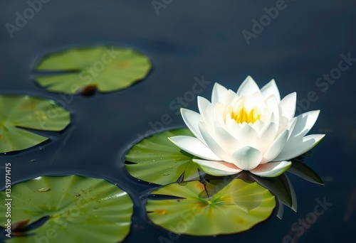 A pristine white water lily floats serenely on calm pond water, green lily pads surrounding, detail, plant