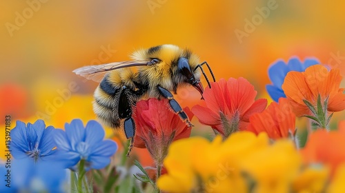 A fuzzy bumblebee sits on brightly colored wildflowers in a meadow