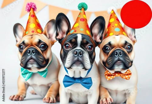 Three French Bulldogs in festive party hats and bow ties, ready to celebrate, celebration, festive