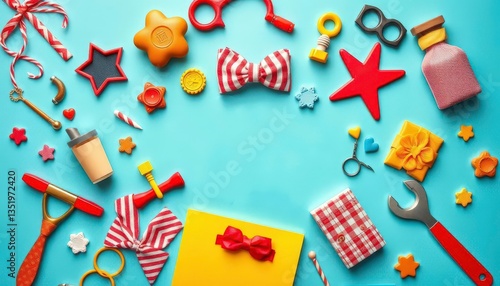Vibrant flat lay of Father's Day themed objects, cheerful palette, background, cheerful
