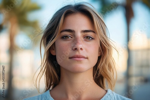 Serious Young Adult Woman Outdoors Pensive Expression Close Up Urban Setting Formal Headshot