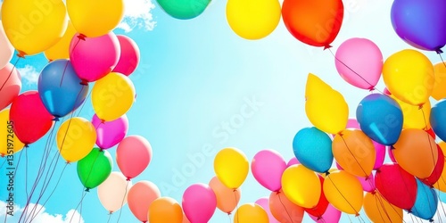 Whimsical birthday backdrop of colorful balloons floating against a bright sky, whimsical, sky