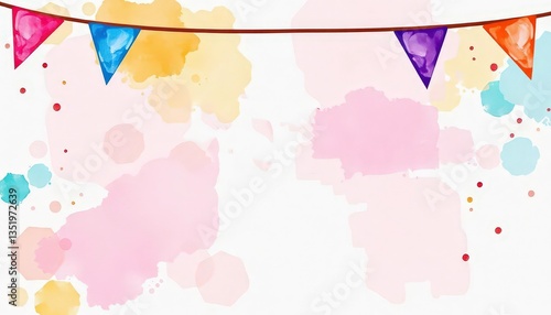 Watercolor/acrylic texture birthday card or invitation background with painted bunting flags and copy space, element, party