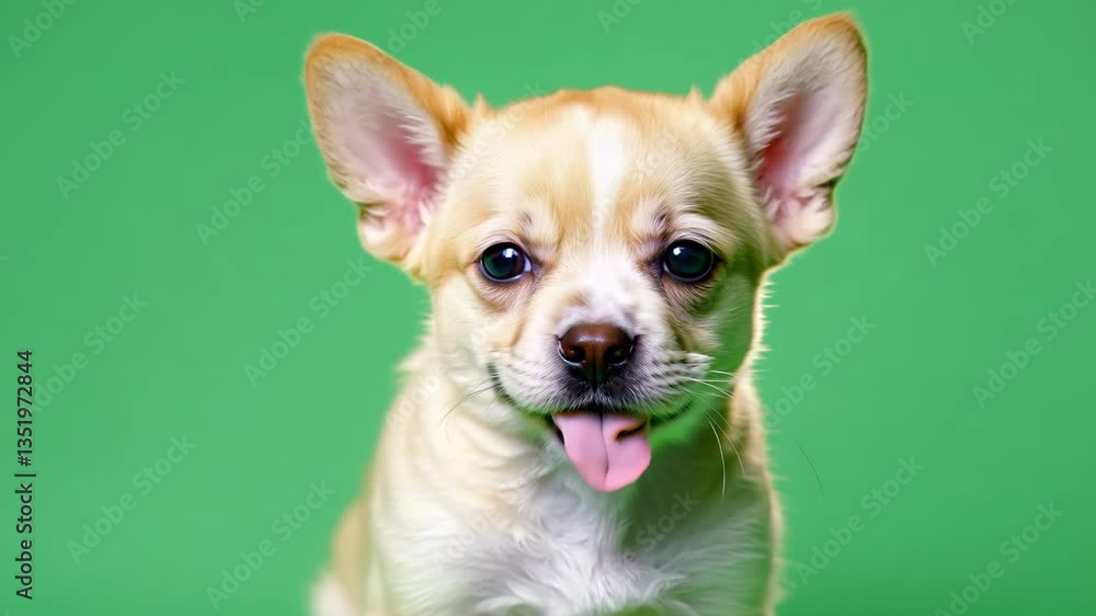 Funny dog isolated on a green screen. Chihuahua looking at camera on green background. Animal backdrop. Fashion Pet on chroma key. Playful friendly dog with mouth open and wagging his tail. Animation Funny dog isolated on a green screen. Chihuahua looking at camera on green background. Animal backdrop. Fashion Pet on chroma key. Playful friendly dog with mouth open and wagging his tail. Animation