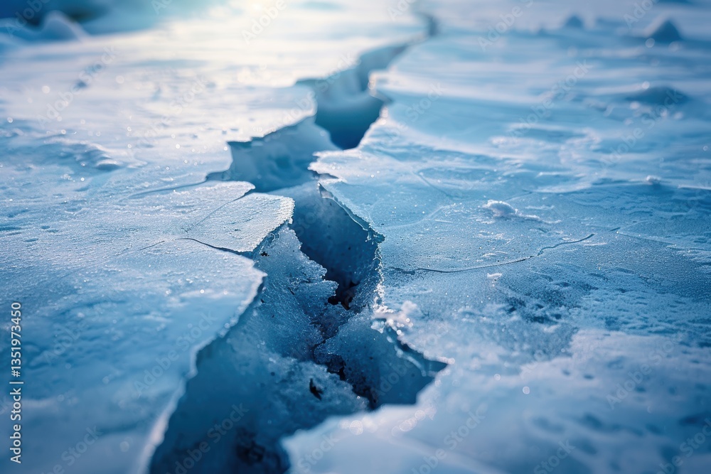Close-up of a deep crack in a frozen ice surface under sunlight. Close-up of a deep crack in a frozen ice surface under sunlight.
