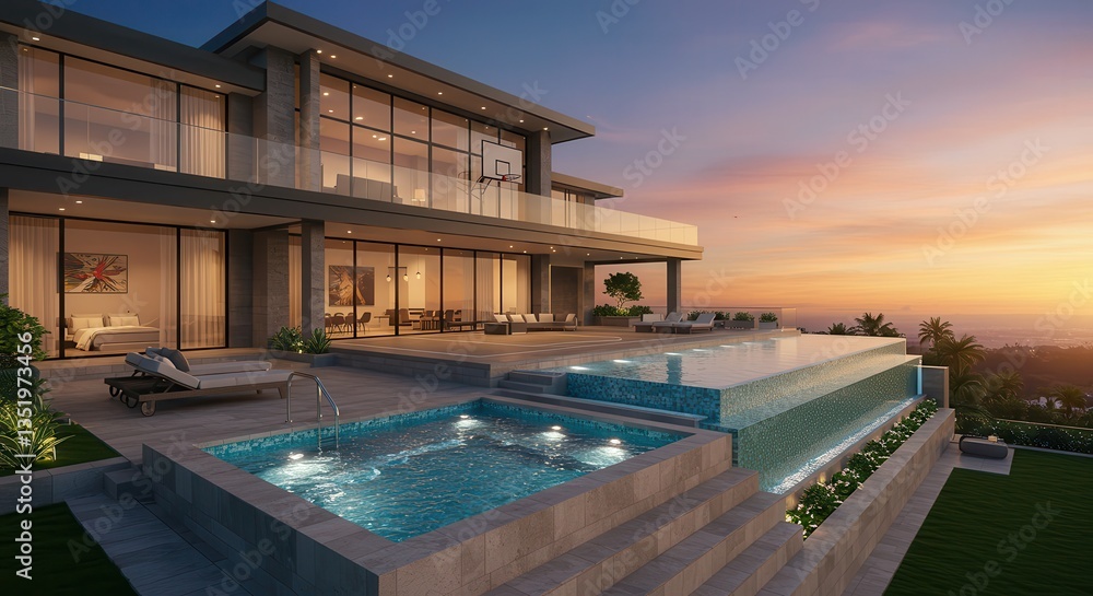 Fototapeta premium Luxury Home with Swimming Pool at Sunset Modern Architecture