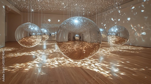 Reflective spheres illuminate a modern art gallery.